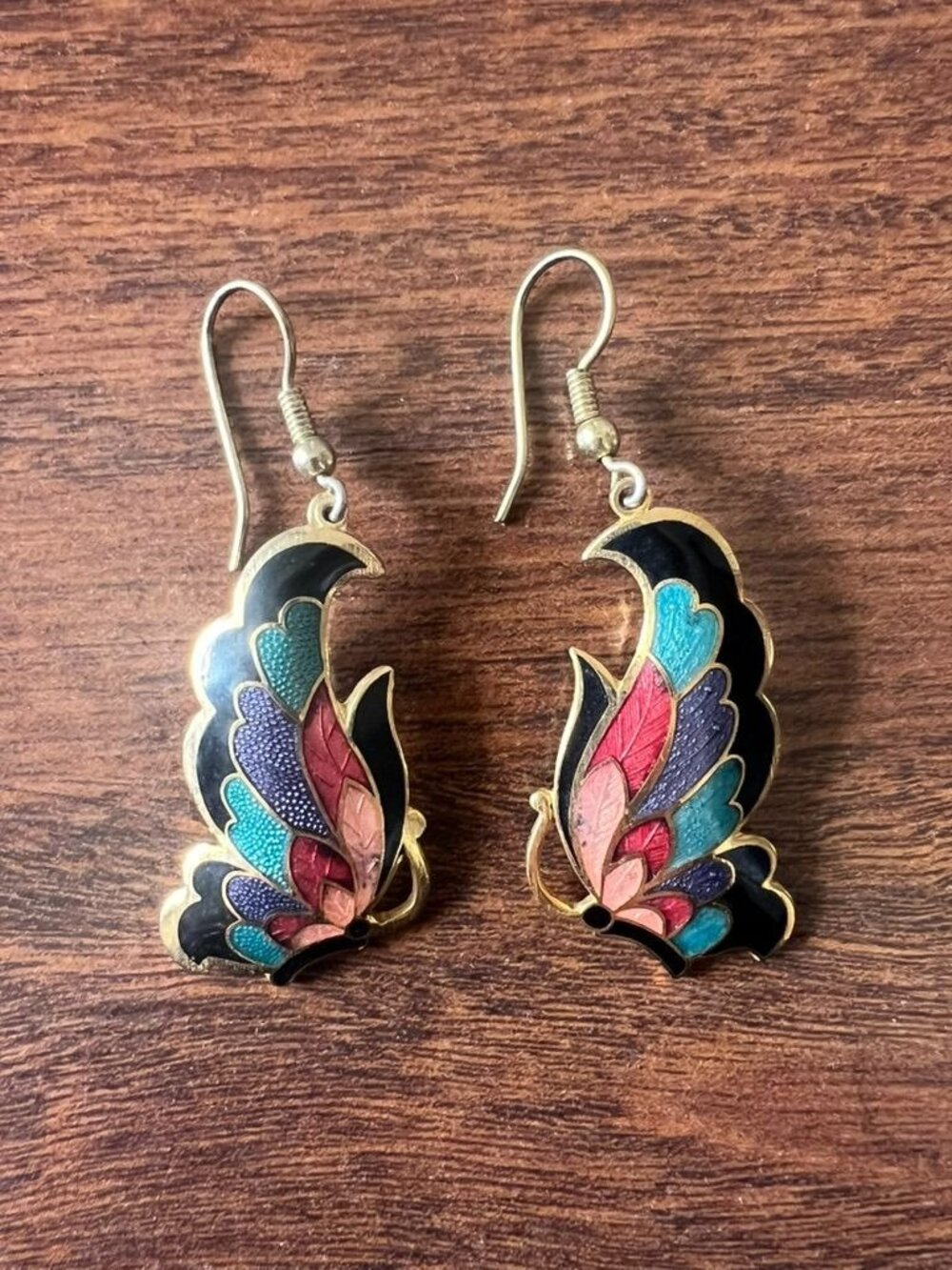 Vintage Cloisonne Butterfly Enamel Dangle Earrings Gold Tone French Wire Teal